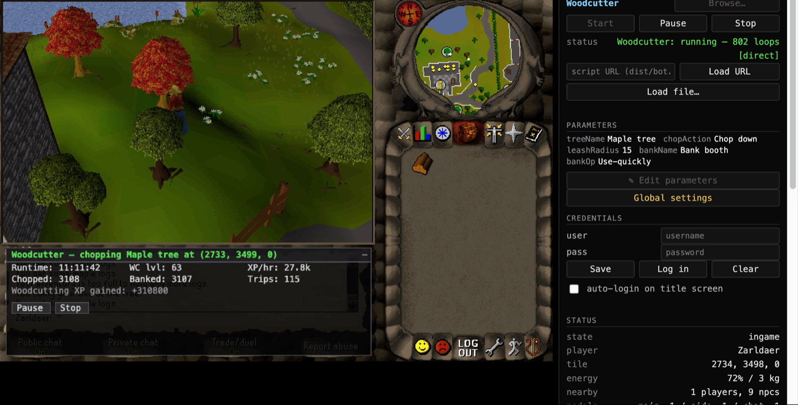 rs2b0t running the Woodcutter script at the maples